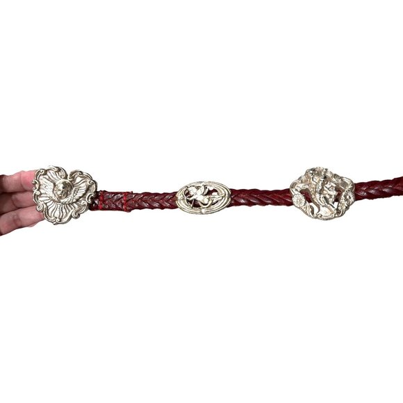 Vintage Deep Red Braided Genuine Leather Belt With Silver-Tone 3D Cherub Design main image 7